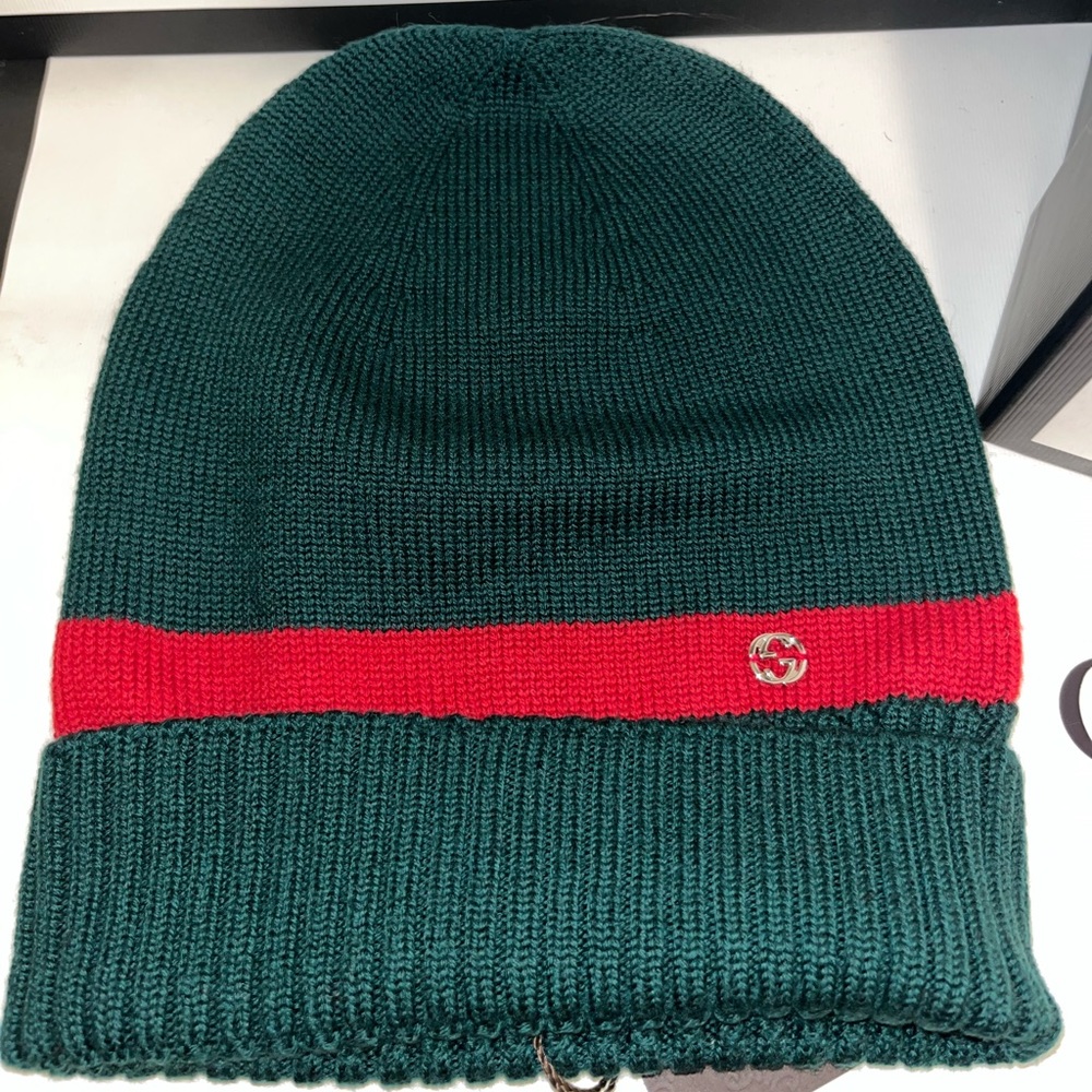 GUCCI Wool New Port Webstripe Beanie Dark GREEN